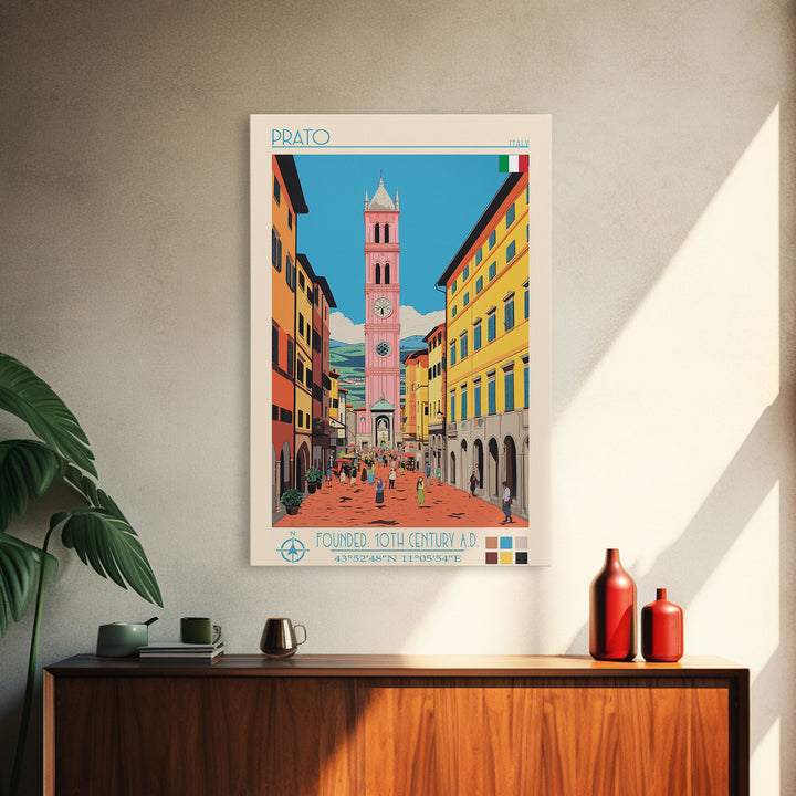 Prato Italy Travel Poster Framed Canvas Print, Midcentury Modern Art, Pop Art Wall Decor, Home Decor, Vacation Gift, Office Art
