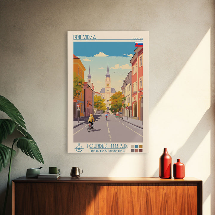 Prievidza Slovakia Travel Poster Framed Canvas Print, Midcentury Modern Art, Pop Art Wall Decor, Scenic Wall Art, Living Room Decoration, Office Art
