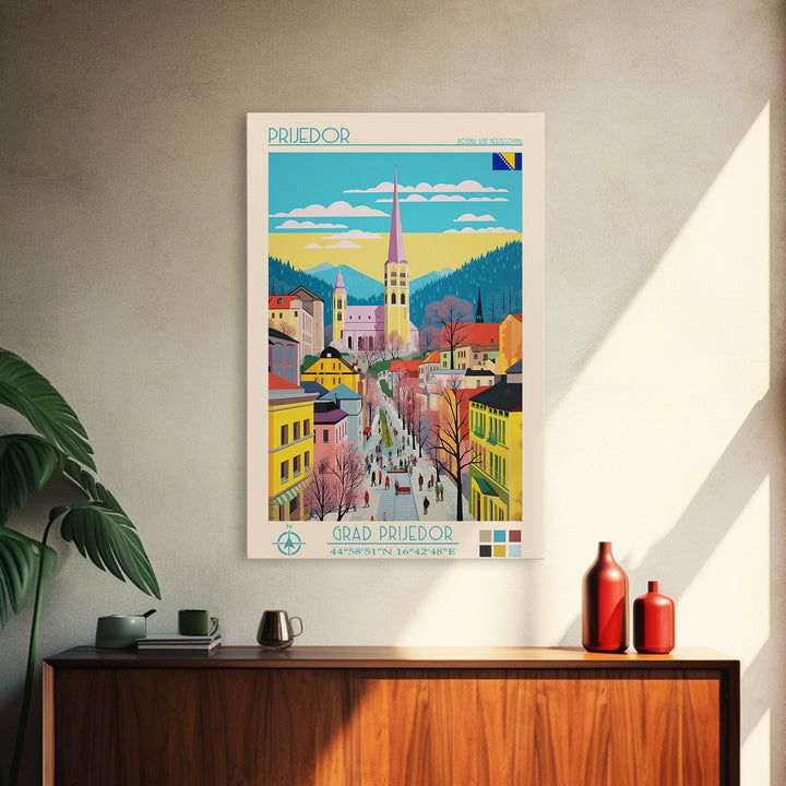 Prijedor Bosnia and Herzegovina Travel Poster Framed Canvas Print, Midcentury Modern Art, Pop Art Wall Decor, Home Decor, Vacation Gift, Bedroom Art