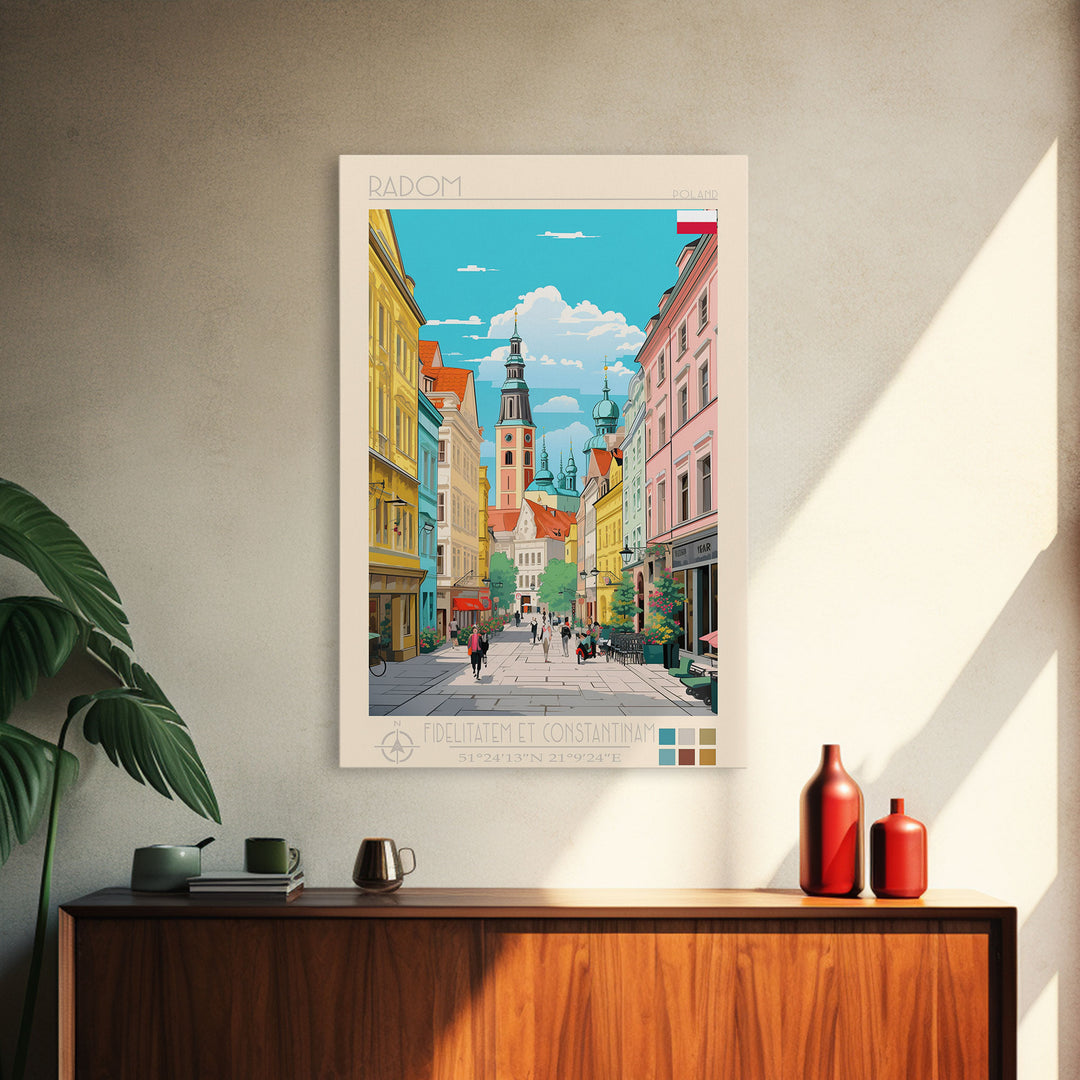 Radom Poland Travel Poster Framed Canvas Print, Midcentury Modern Art, Pop Art Wall Decor, Scenic Living Room Art, Bedroom Decor