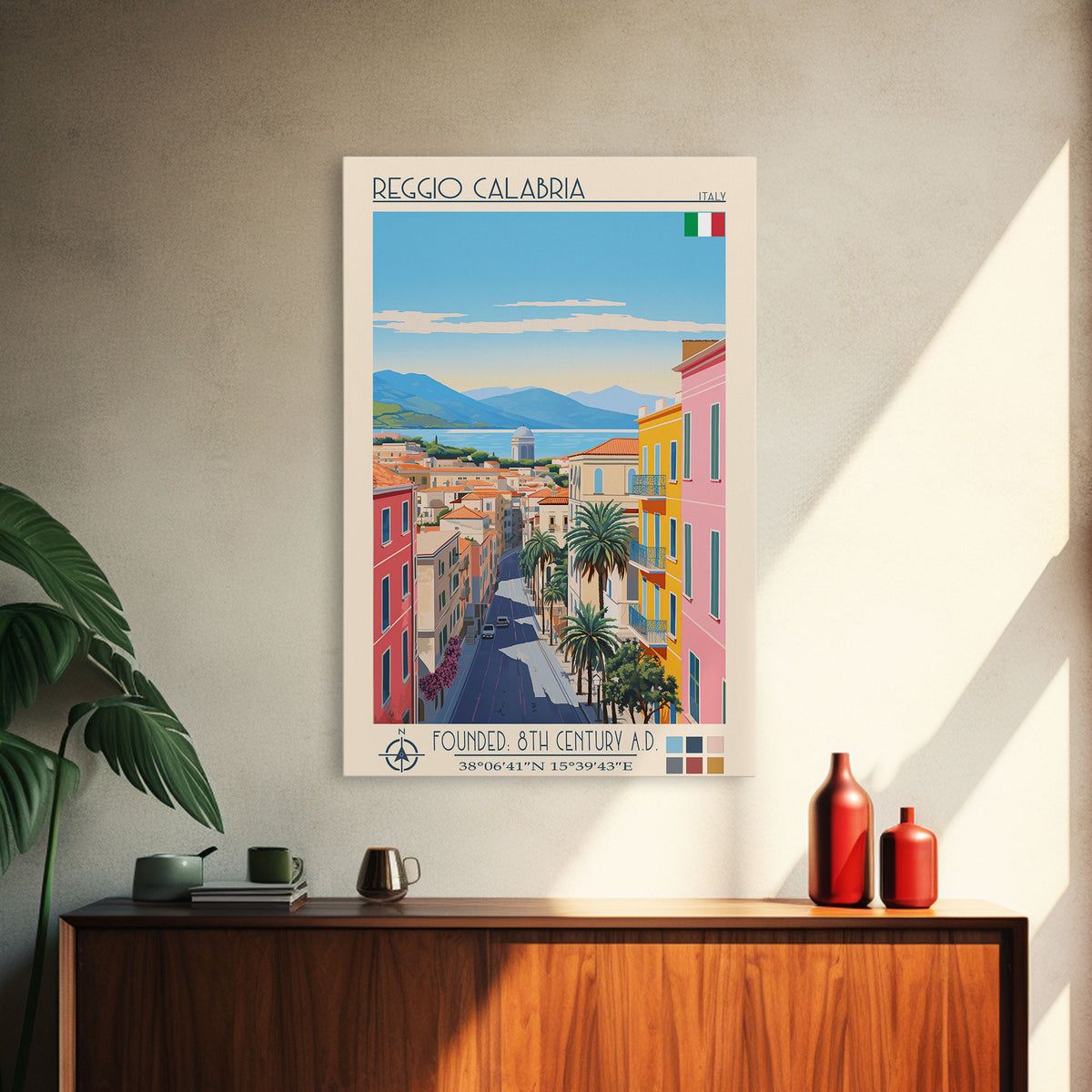 Reggio Calabria Italy Travel Poster Framed Canvas Print, Midcentury Modern Art, Pop Art Wall Decor, Scenic Living Room Art, Bedroom Gift