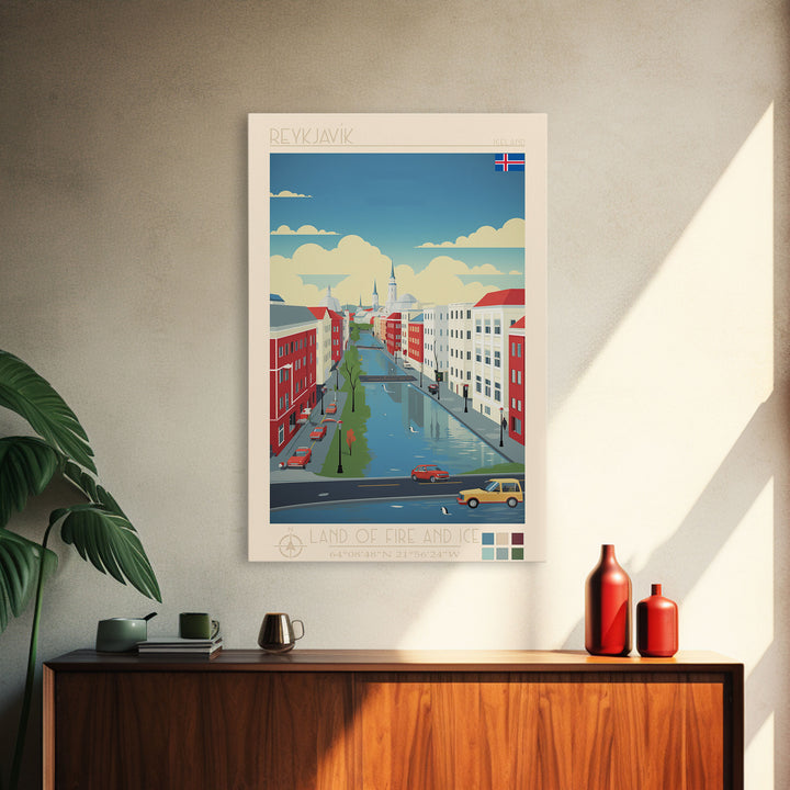 Reykjavik Iceland Travel Poster Framed Canvas Print, Midcentury Modern Art, Pop Art Wall Decor, Scenic Wall Art, Bedroom Decoration