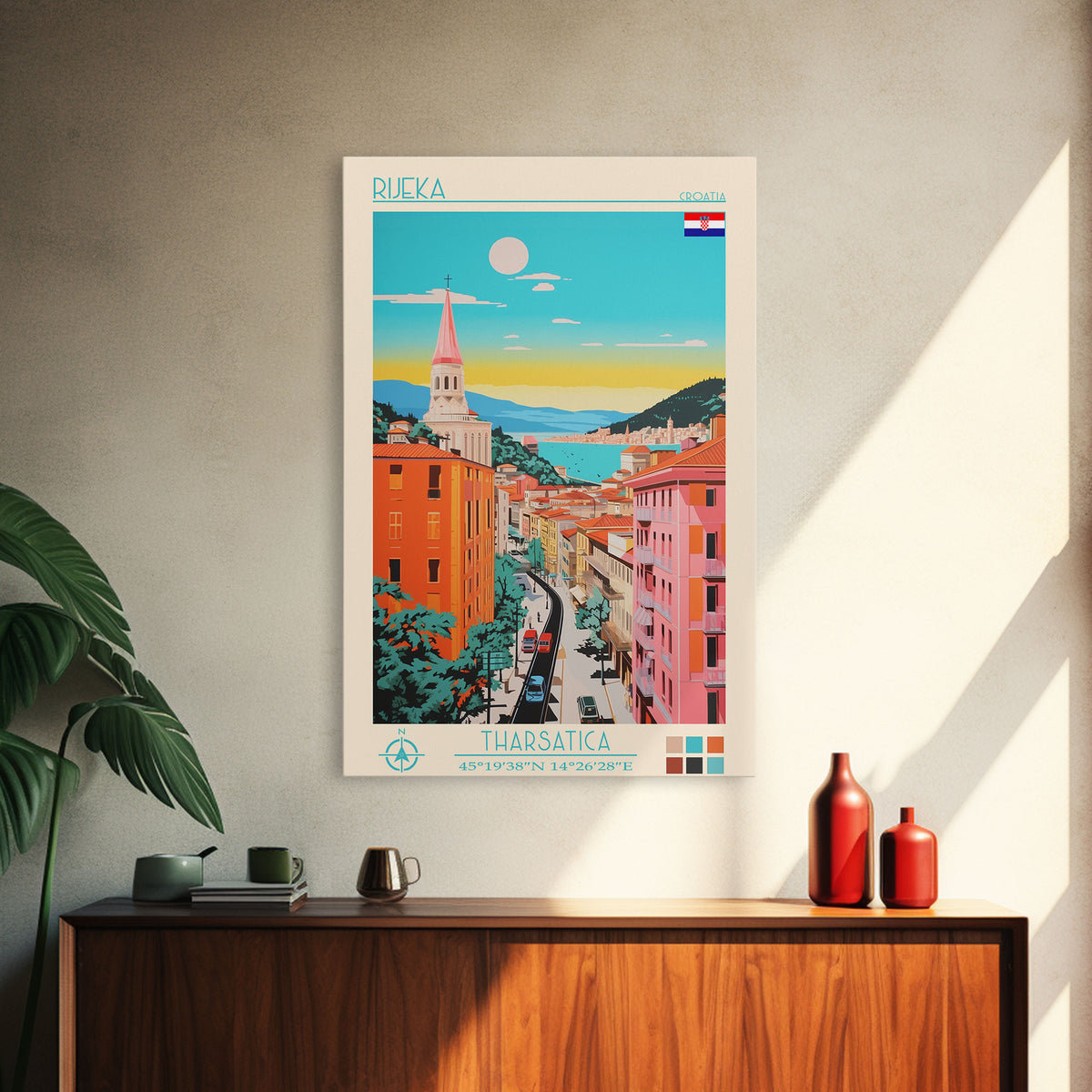 Rijeka Croatia Travel Poster Framed Canvas Print, Midcentury Modern Art, Pop Art Wall Decor, Scenic Wall Art, Living Room Decoration, Office Art