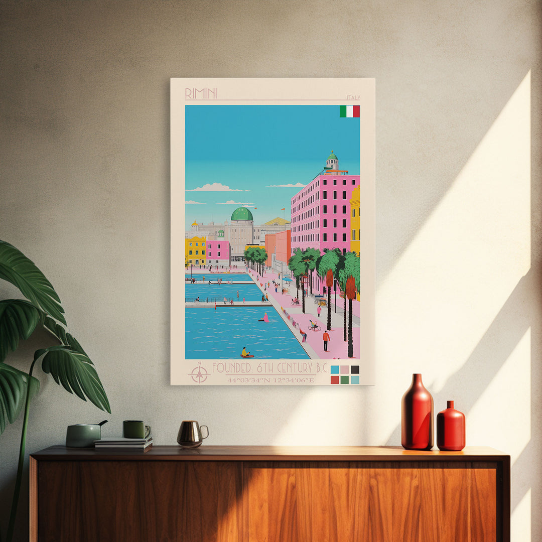 Rimini Italy Travel Poster Framed Canvas Print, Midcentury Modern Art, Pop Art Wall Decor, Scenic Bedroom Art, Office Decoration