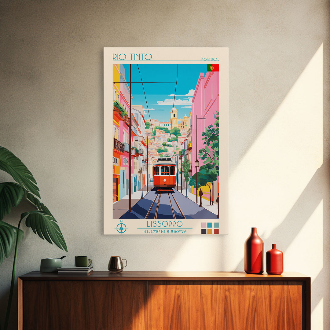 Rio Tinto Portugal Travel Poster Framed Canvas Print, Midcentury Modern Art, Pop Art Wall Decor, Scenic Living Room Art, Bedroom Decor
