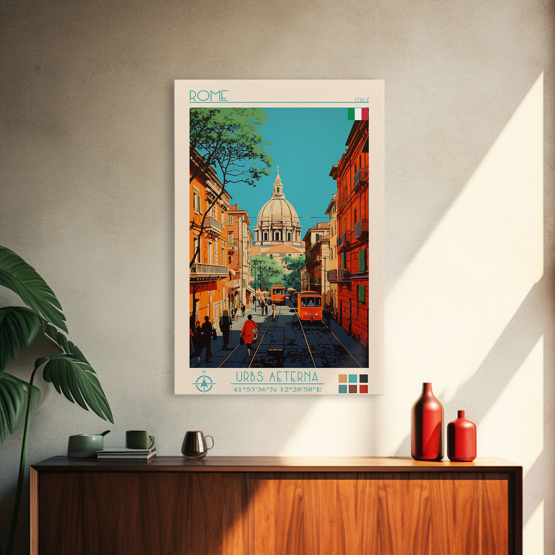 Rome Italy Travel Poster Framed Canvas Print, Midcentury Modern Art, Pop Art Wall Decor, Home Decor, Vacation Gift, Office Art
