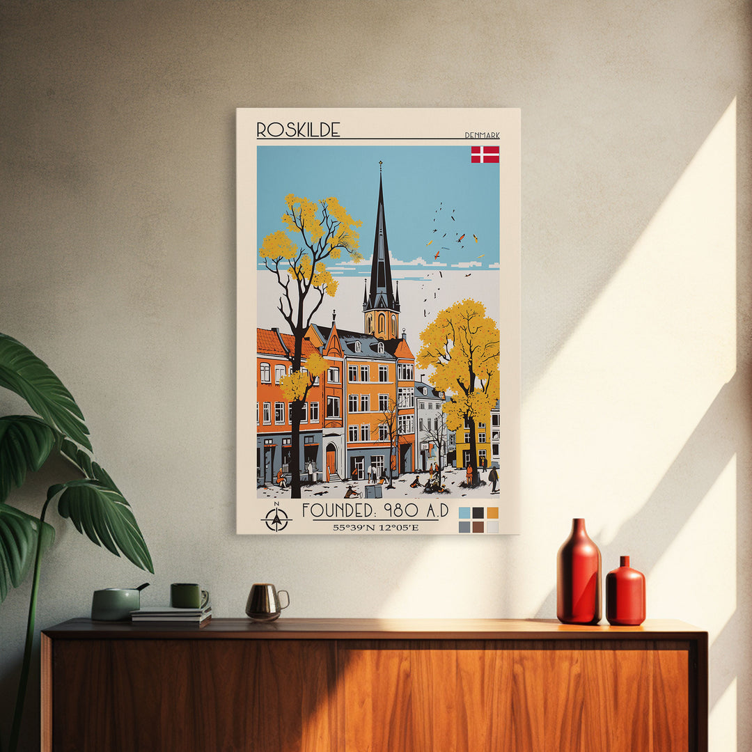 Roskilde Denmark Travel Poster Framed Canvas Print, Midcentury Modern Art, Pop Art Wall Decor, Scenic Living Room Art, Bedroom Gift