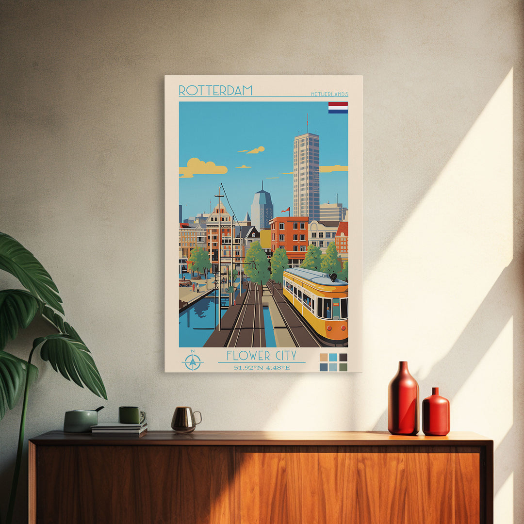 Rotterdam Netherlands Travel Poster Framed Canvas Print, Midcentury Modern Art, Pop Art Wall Decor, Home Decor, Vacation Gift, Bedroom Art