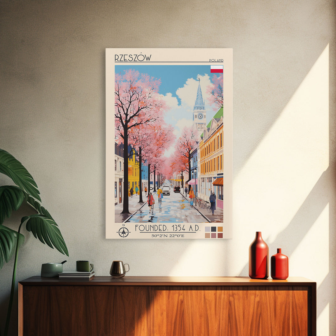 Rzeszów Poland Travel Poster Framed Canvas Print, Midcentury Modern Art, Pop Art Wall Decor, Living Room Art, Bedroom Decoration