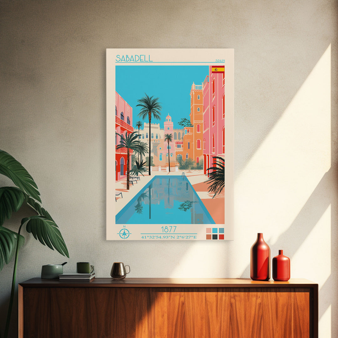 Sabadell Spain Travel Poster Framed Canvas Print, Midcentury Modern Art, Pop Art Wall Decor, Home Decor, Vacation Gift, Office Art