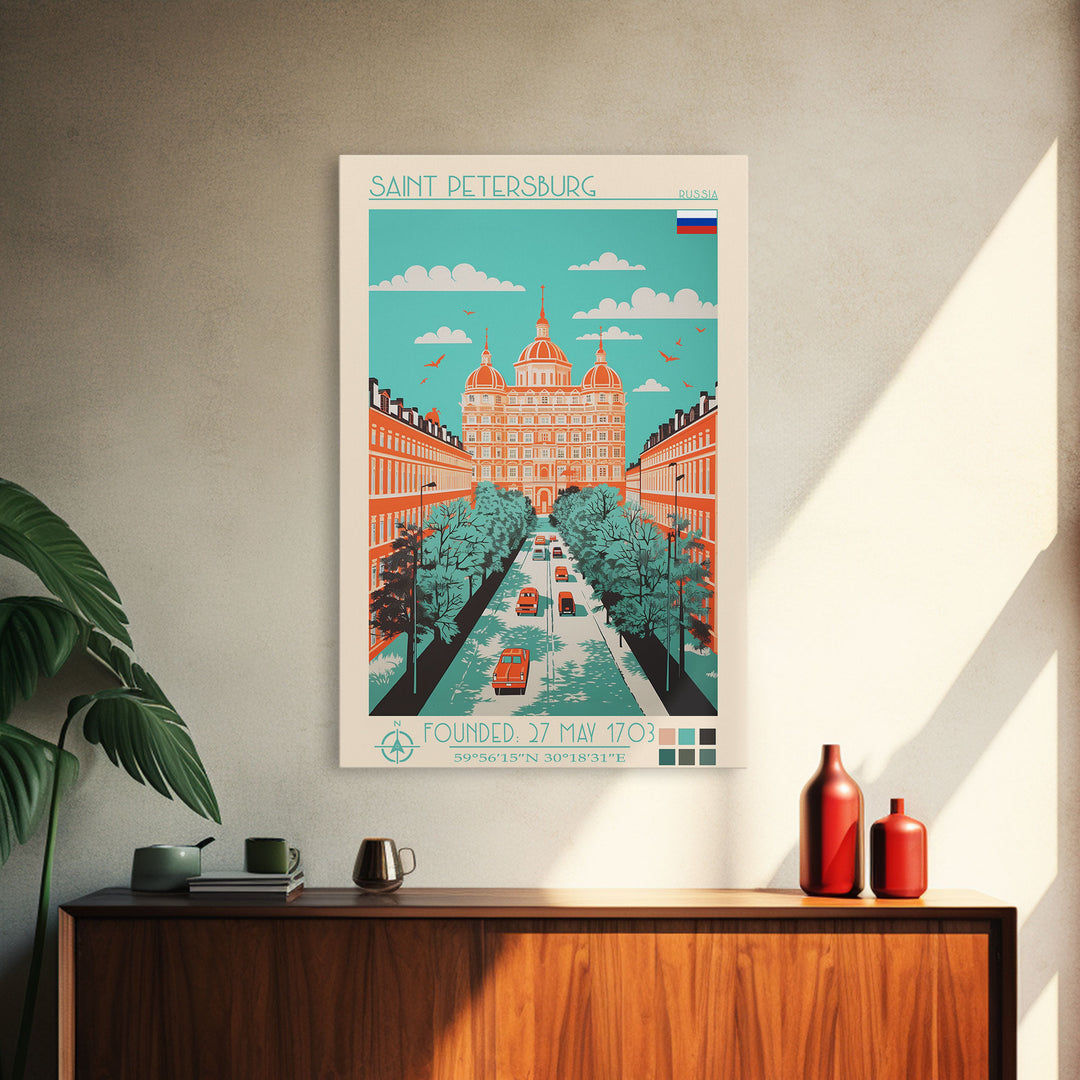 Saint Petersburg Russia Travel Poster Framed Canvas Print, Midcentury Modern Art, Pop Art Wall Decor, Home Decor, Office Decoration