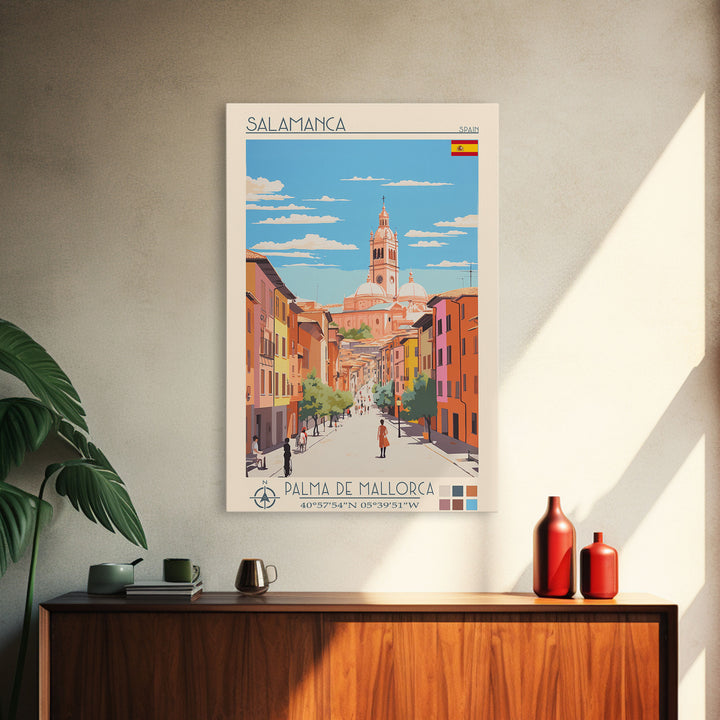Salamanca Spain Travel Poster Framed Canvas Print, Midcentury Modern Art, Pop Art Wall Decor, Scenic Wall Art, Bedroom Decoration