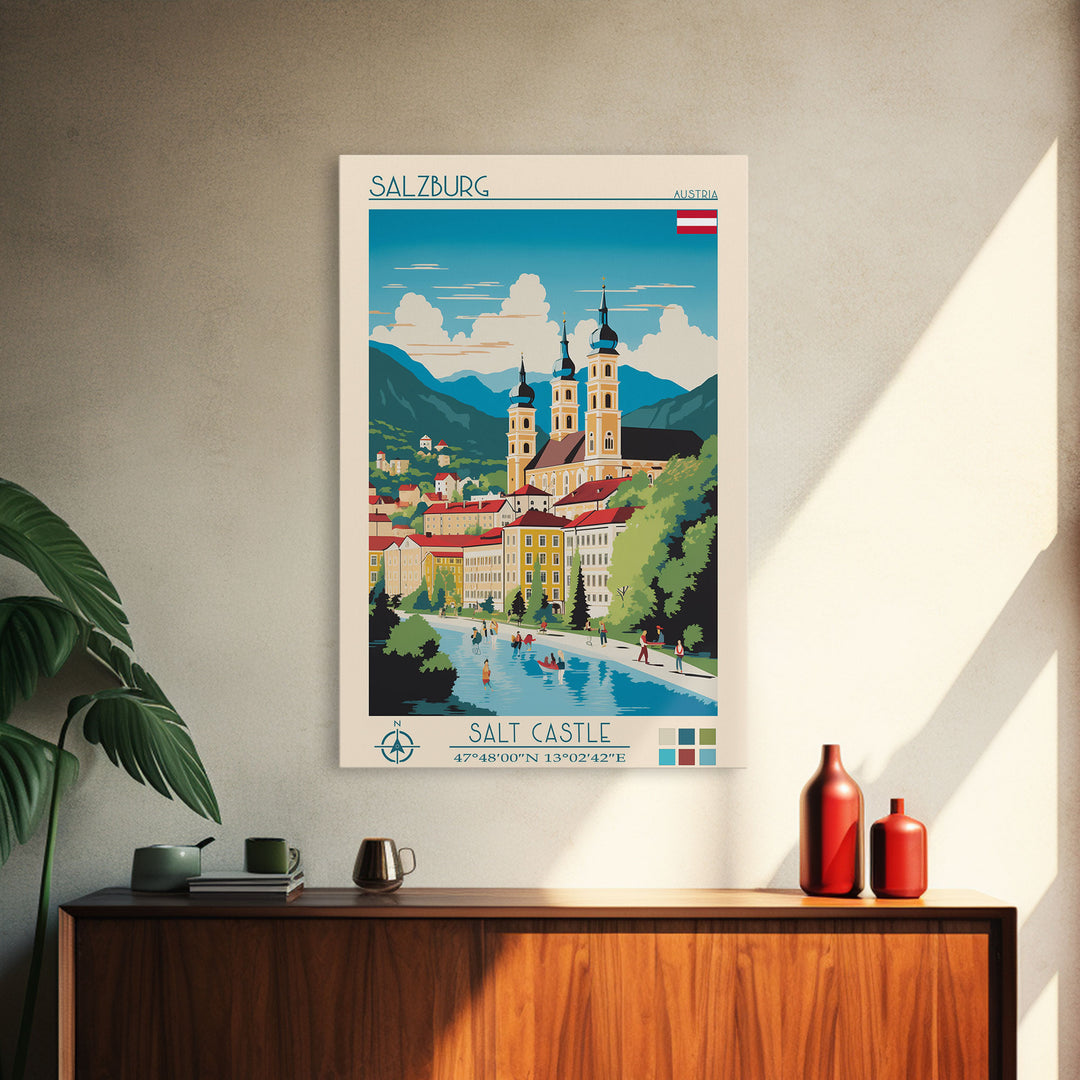 Salzburg Austria Travel Poster Framed Canvas Print, Midcentury Modern Art, Pop Art Wall Decor, Scenic Wall Art, Bedroom Art