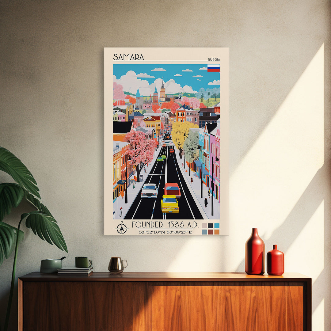 Samara Russia Travel Poster Framed Canvas Print, Midcentury Modern Art, Pop Art Wall Decor, Home Decor, Office Decoration, Scenic Art