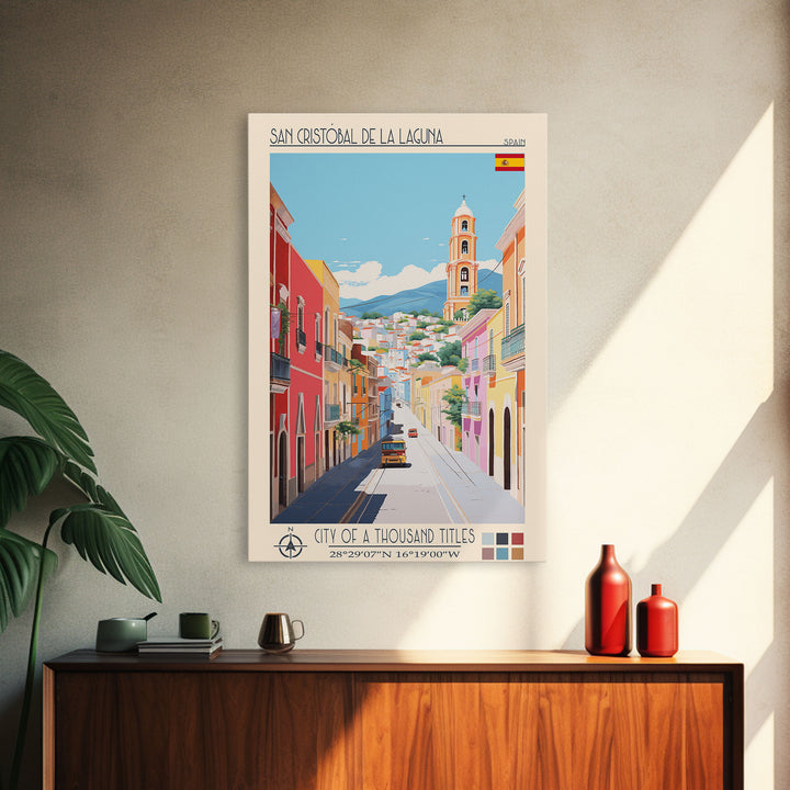 San Cristóbal de La Laguna Spain Travel Poster Framed Canvas Print, Midcentury Modern Art, Pop Art Wall Decor, Bedroom Decor, Scenic Art