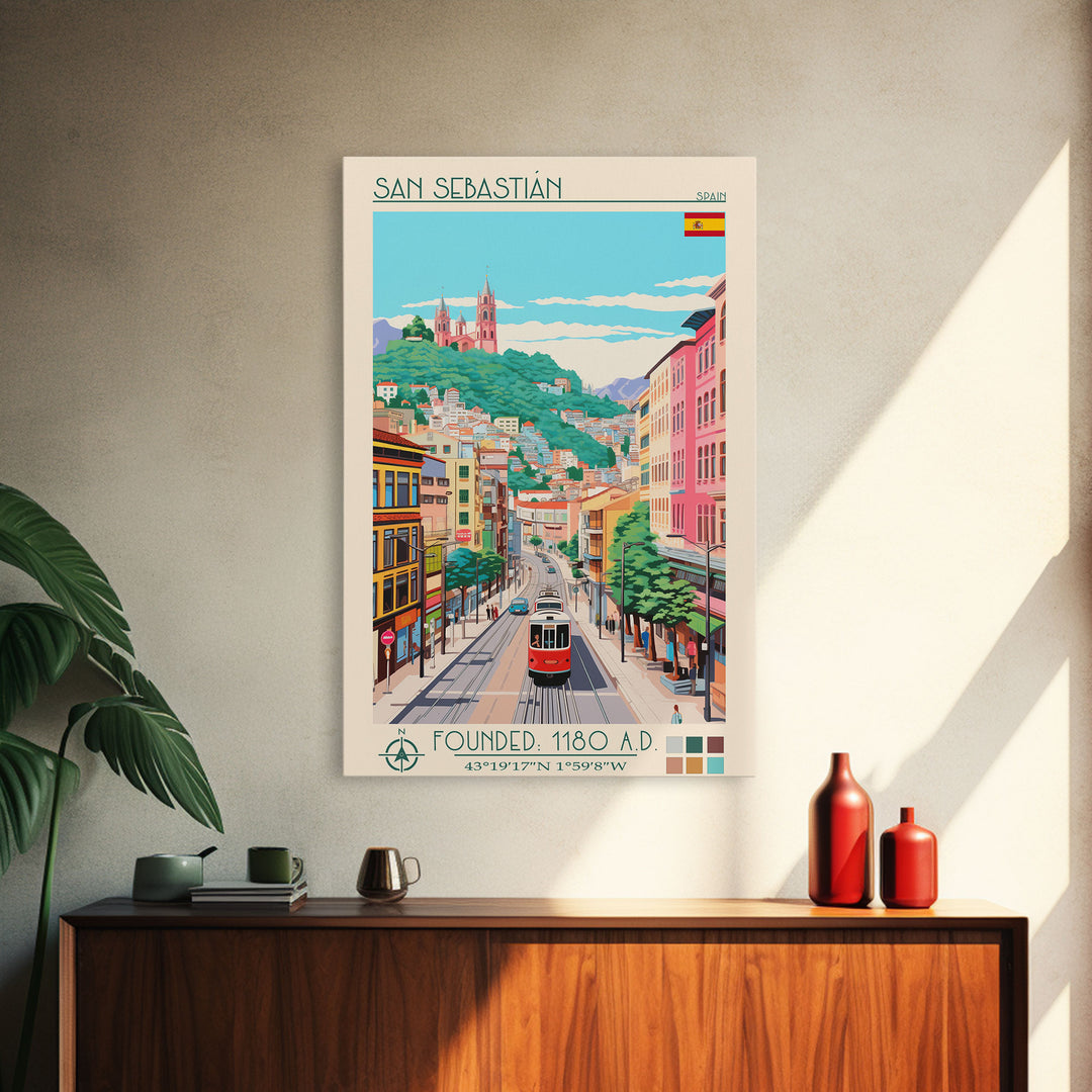 San Sebastian Spain Travel Poster Framed Canvas Print, Midcentury Modern Art, Pop Art Wall Decor, Home Decor, Office Art