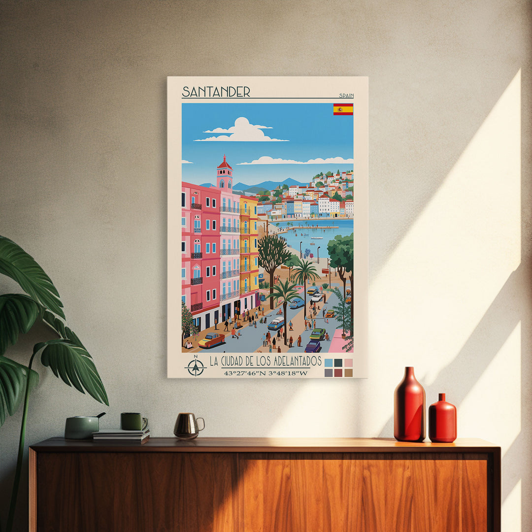 Santander Spain Travel Poster Framed Canvas Print, Midcentury Modern Art, Pop Art Wall Decor, Scenic Wall Art, Vacation Gift