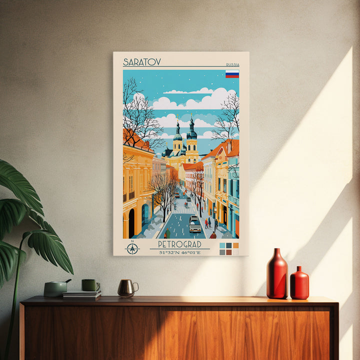 Saratov Russia Travel Poster Framed Canvas Print, Midcentury Modern Art, Pop Art Wall Decor, Home Decor, Vacation Gift