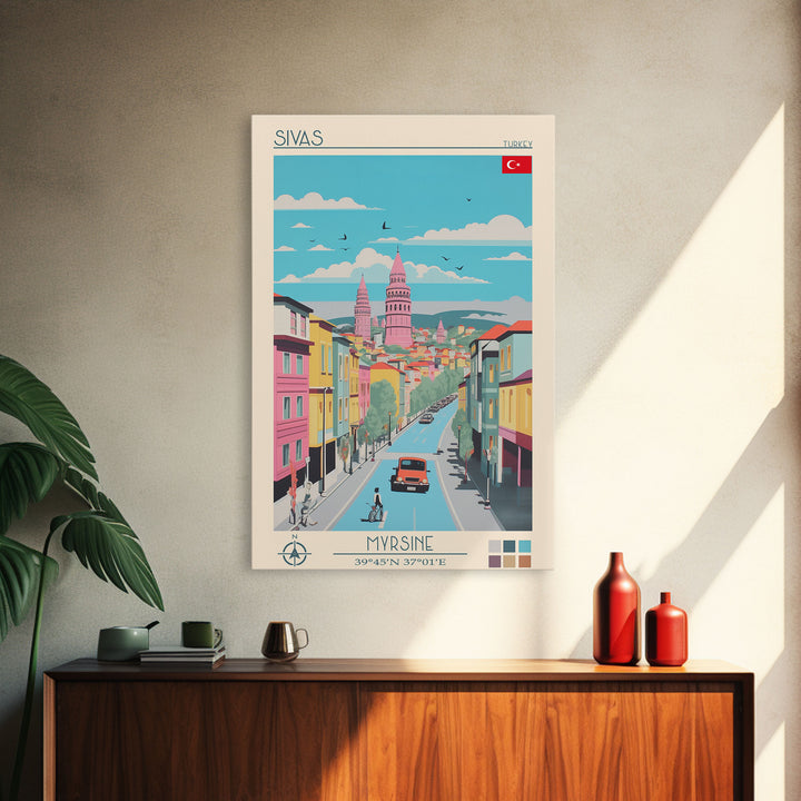 Sivas Turkey Travel Poster Framed Canvas Print, Midcentury Modern Art, Pop Art Wall Decor, Home Decor, Office Gift, Living Room Art