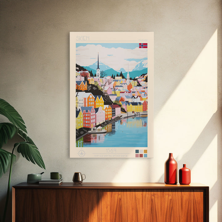 Skien Norway Travel Poster Framed Canvas Print, Midcentury Modern Art, Pop Art Wall Decor, Scenic Wall Art, Bedroom Art