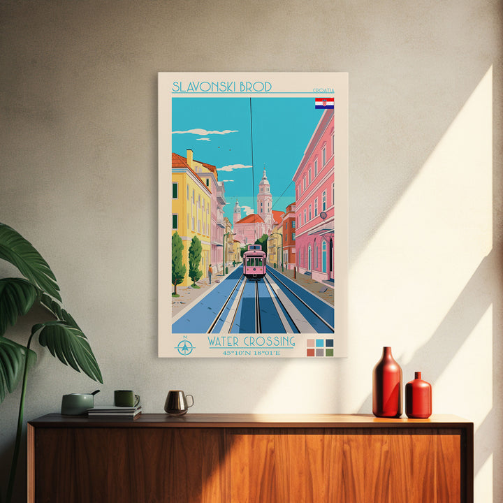 Slavonski Brod Croatia Travel Poster Framed Canvas Print, Midcentury Modern Art, Pop Art Wall Decor, Home Decor, Office Decoration