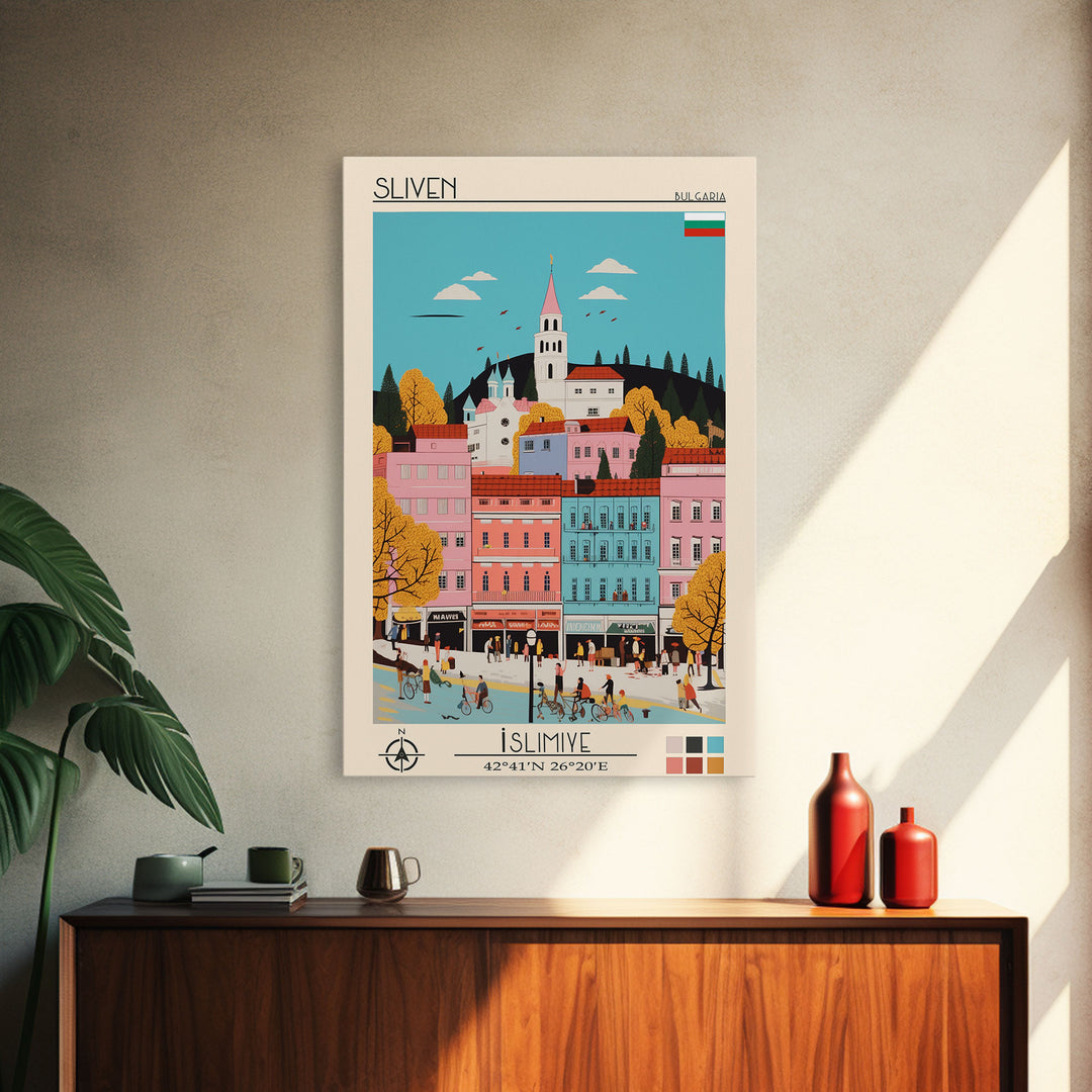Sliven Bulgaria Travel Poster Framed Canvas Print, Midcentury Modern Art, Pop Art Wall Decor, Living Room Art, Vacation Gift