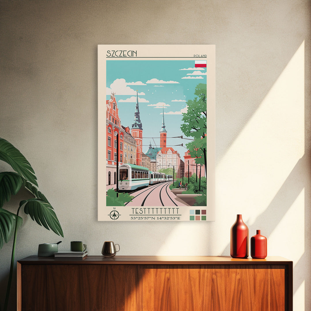 Szczecin Poland Travel Poster Framed Canvas Print, Midcentury Modern Art, Pop Art Wall Decor, Living Room Art, Scenic Wall Art