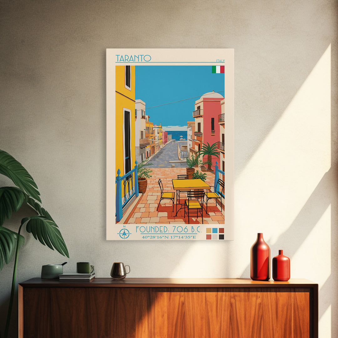 Taranto Italy Travel Poster Framed Canvas Print, Midcentury Modern Art, Pop Art Wall Decor, Living Room Art, Home Decoration