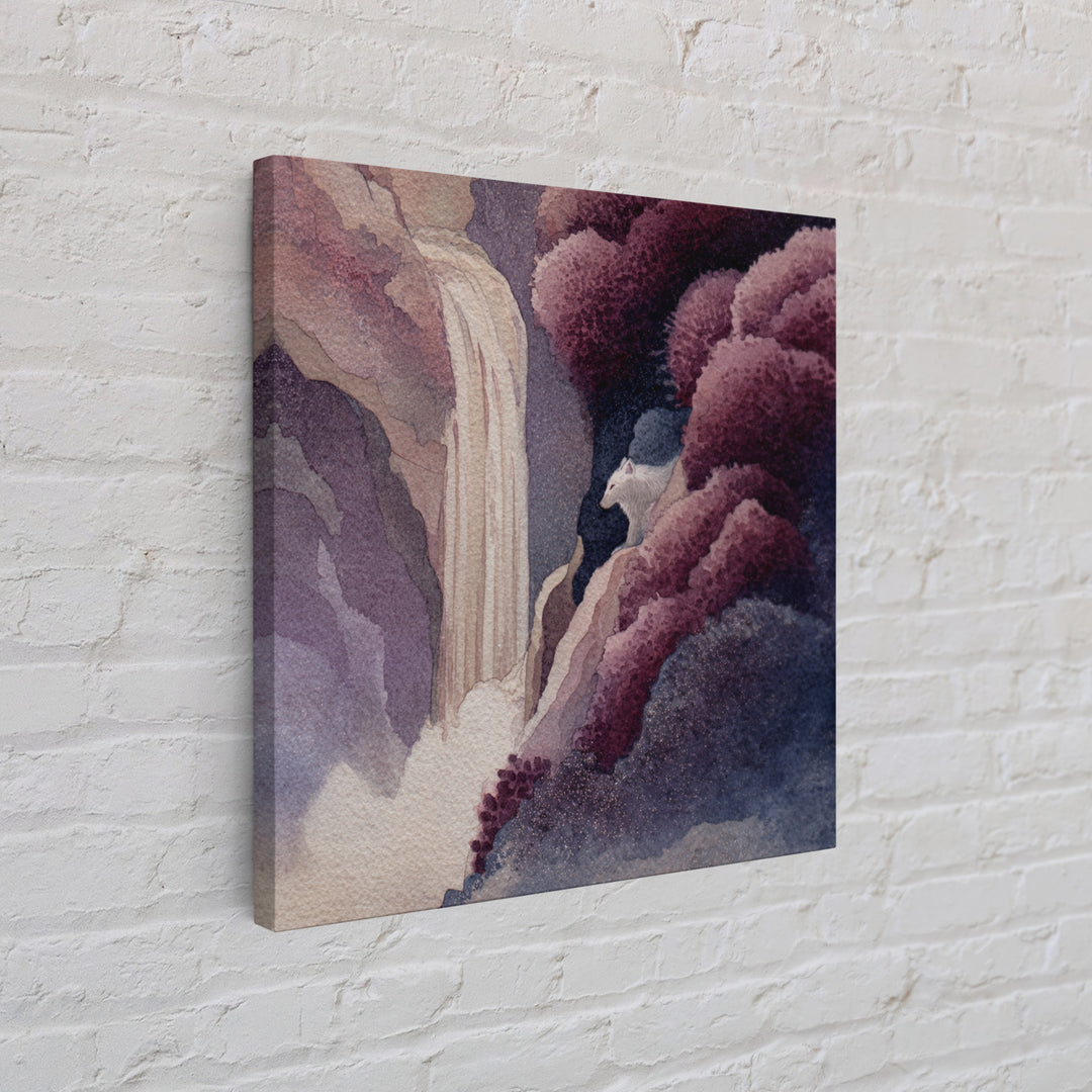 Mythic Waterfall Guarded by White Wolves Framed Canvas Print, Fantasy Art, Dragon Art, Living Room Decor, Watercolor Art, FAN-1x1-24