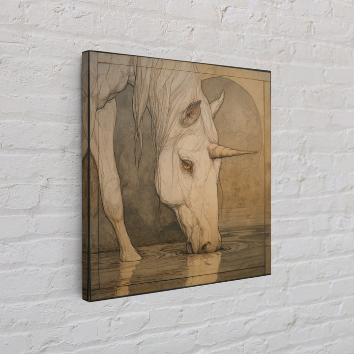 Unicorn Drinking from a Silver Stream Framed Canvas Print, Fantasy Art, Art Print, Living Room Decor, Fine Art, Mythic, FAN-1x1-40