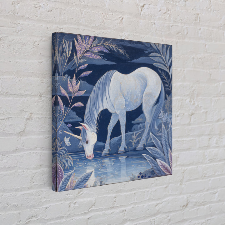 Unicorn Drinking from a Silver Stream Framed Canvas Print, Fantasy Art, Textured Painting, Living Room Decor, Fine Art, Mythic, FAN-1x1-88