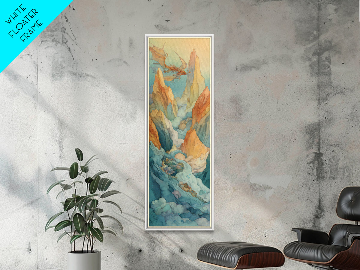 Unicorn Drinking from a Silver Stream Framed Canvas Print, Fantasy Art, Boho Wall Art, Living Room Decor, Oil Painting, Mythic, FAN-1x3-76