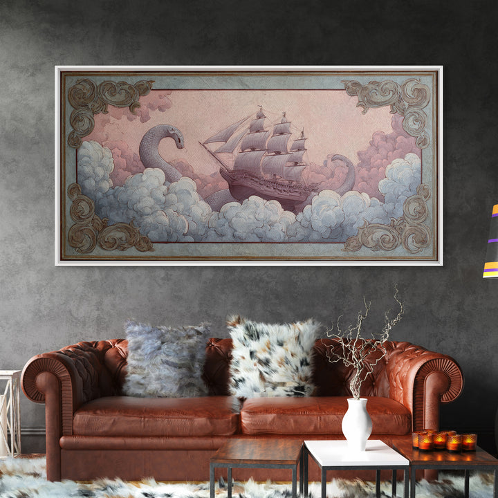Unicorn Drinking from a Silver Stream Framed Canvas Print, Fantasy Art, Landscape, Living Room Decor, Fine Art, Mythic, FAN-2x1-84
