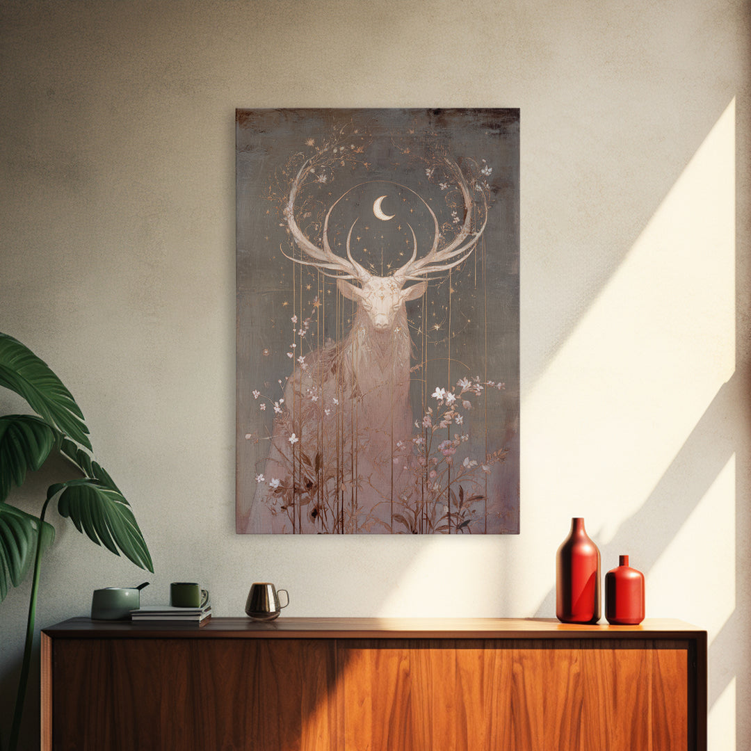 Forest Spirit with Antlers and Glowing Eyes Framed Canvas Print, Fantasy Art, Print, Living Room Decor, Fine Art, Mythic, FAN-2x3-20