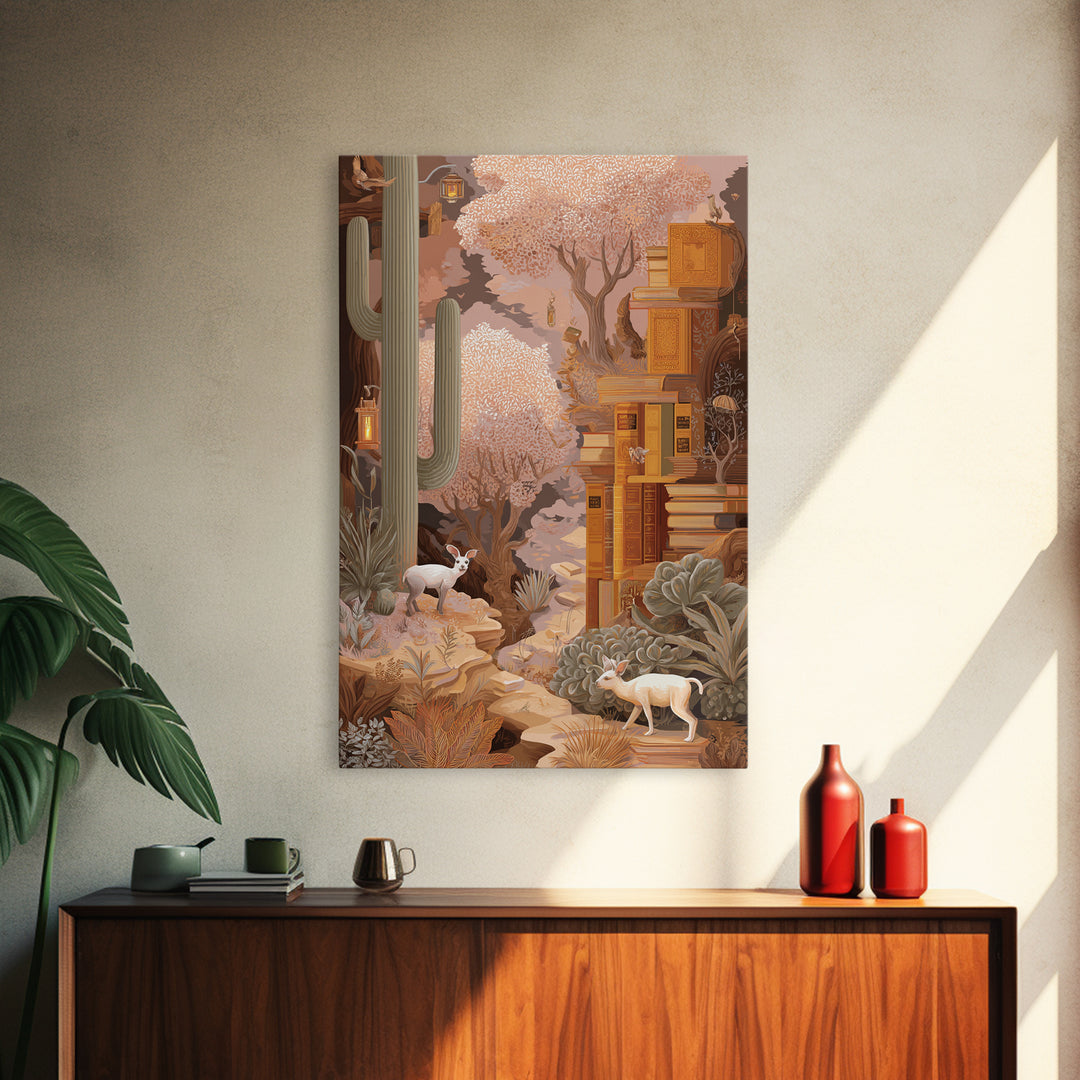 Enchanted Library with Floating Books Framed Canvas Print, Fantasy Art, Statement Artwork, Living Room Decor, Fine Art, Mythic, FAN-2x3-4