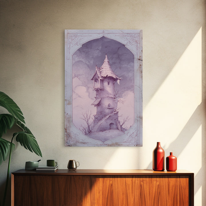 Wizard Tower under a Violet Storm Sky Framed Canvas Print, Fantasy Art, Wall Art, Living Room Decor, Fine Art, Mythic, FAN-2x3-60