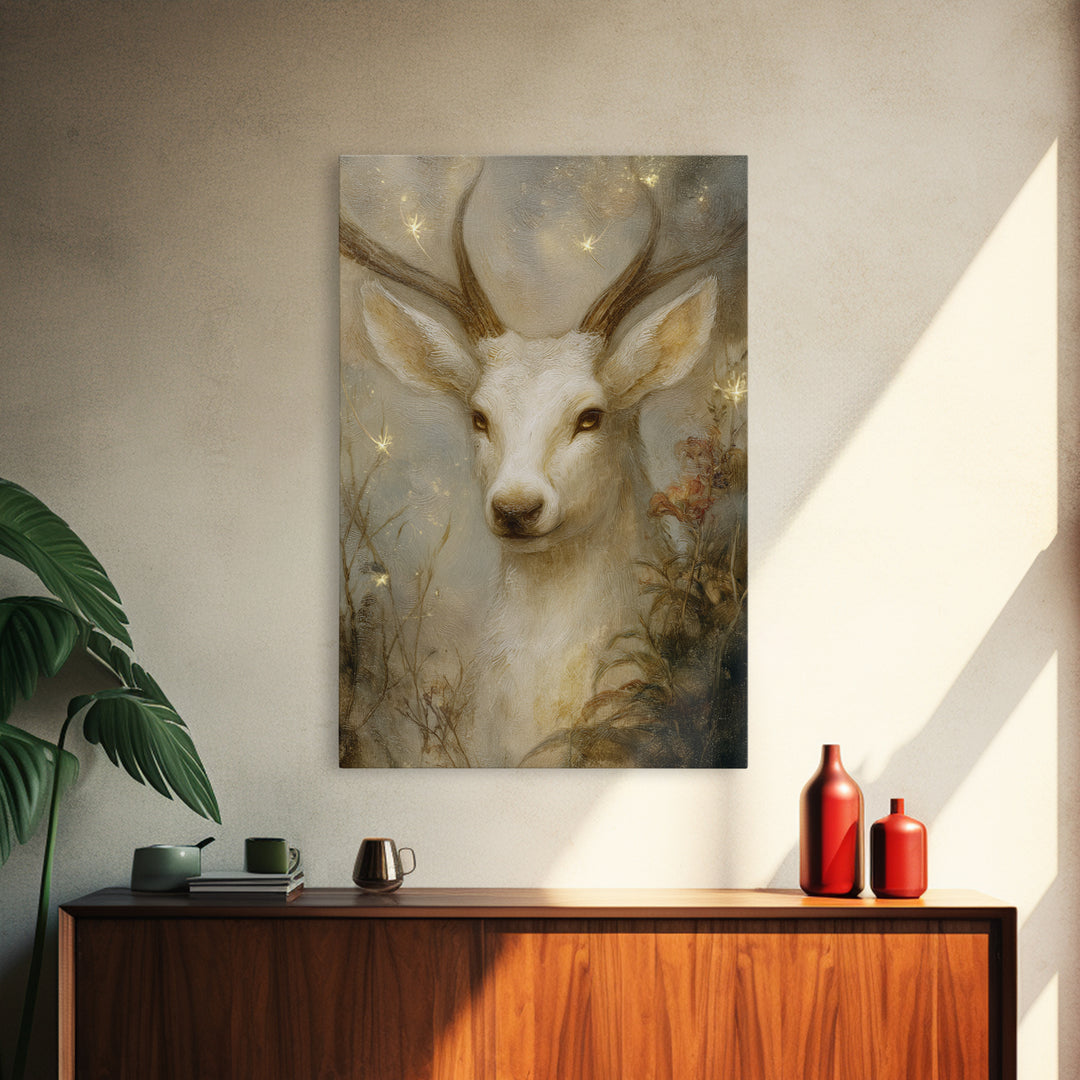 Mythic Waterfall Guarded by White Wolves Framed Canvas Print, Fantasy Art, Fantasy Art Prints, Living Room Decor, Oil Painting, FAN-2x3-8
