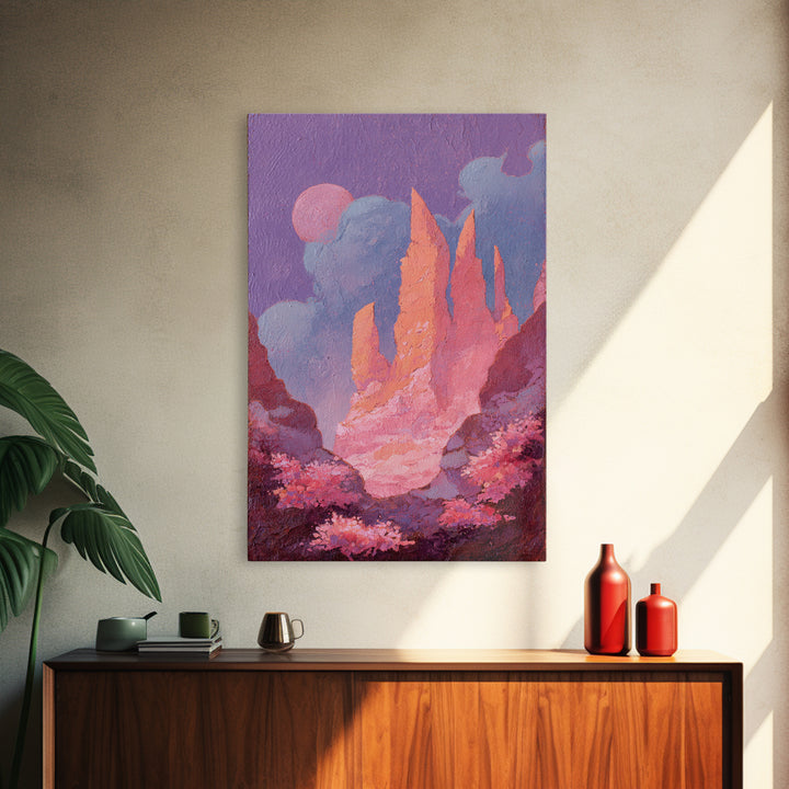 Wizard Tower under a Violet Storm Sky Framed Canvas Print, Fantasy Art, Dragon Art, Living Room Decor, Fine Art, Mythic, FAN-2x3-84