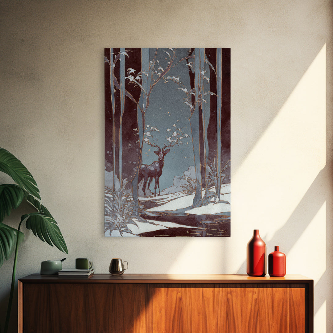 Forest Spirit with Antlers and Glowing Eyes Framed Canvas Print, Fantasy Art, Gallery Decor, Living Room Decor, Mythic, FAN-2x3-92