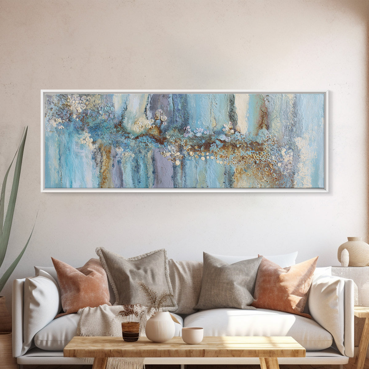 Mythic Waterfall Guarded by White Wolves Canvas Print, Fantasy Art, Living Room Decor, Fine Art, Mythic, Neutral Decor, FAN-3x1-16