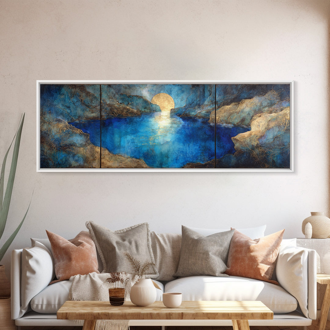 Crystal Cave with Luminous Blue Reflections Canvas Print, Fantasy Art, Art Print, Living Room Decor, Oil Painting, Mythic, FAN-3x1-70