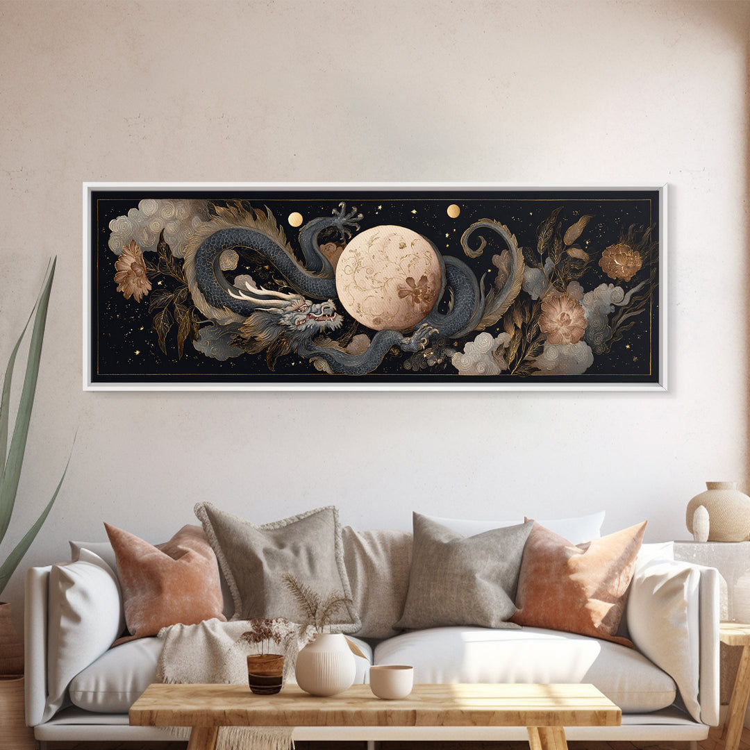 Celestial Dragon Wrapped Around a Moon Canvas Print, Fantasy Art, Art, Living Room Decor, Fine Art, Mythic, Watercolor Painting, FAN-3x1-78