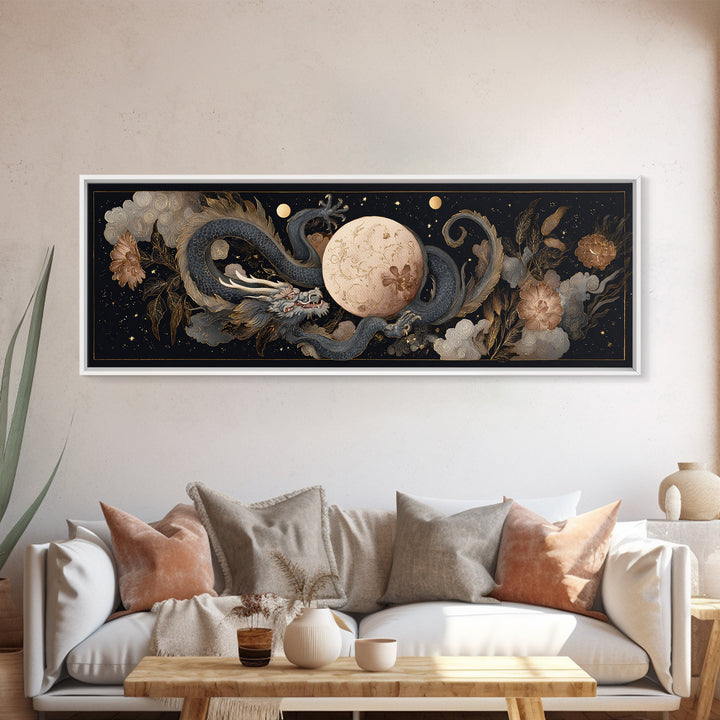 Celestial Dragon Wrapped Around a Moon Canvas Print, Fantasy Art, Art, Living Room Decor, Fine Art, Mythic, Watercolor Painting, FAN-3x1-78