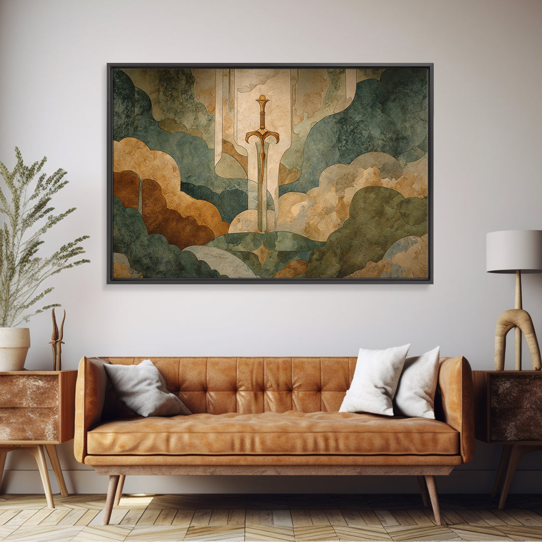 Magic Sword Embedded Framed Canvas Print, Fantasy Art, Neutral Decor, Living Room Decor, Fine Art, Mythic, Wall Art, Home Decor, FAN-3x2-39