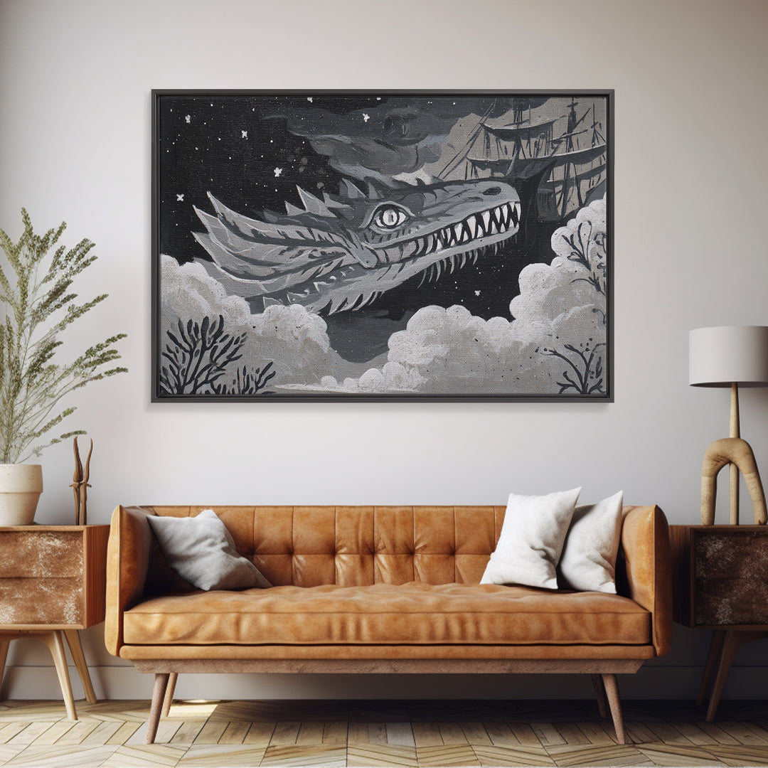Dragon Soaring Above Jagged Mountain Peaks Canvas Print, Fantasy Art, Surreal Art, Living Room Decor, Fine Art, Mythic, FAN-3x2-53