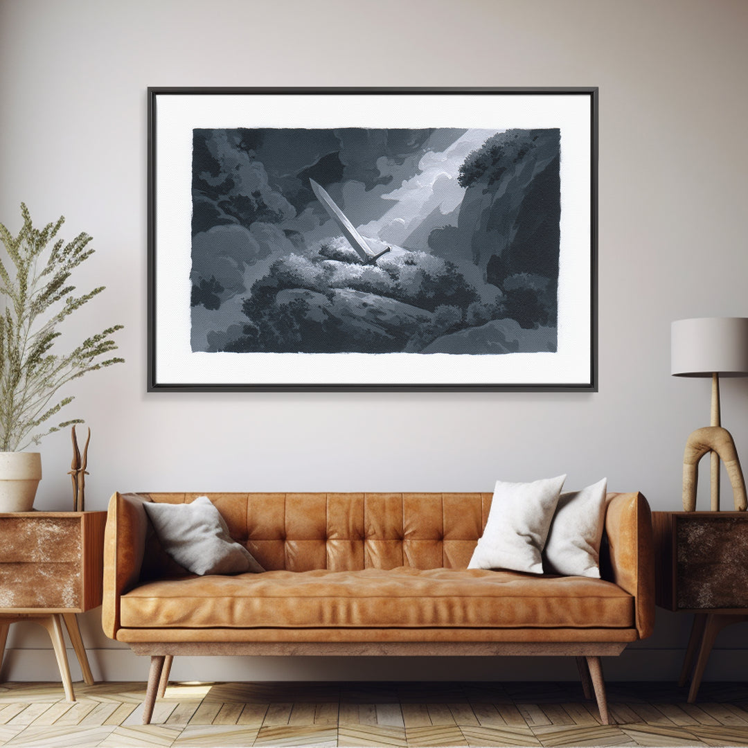 Magic Sword Embedded Framed Canvas Print, Fantasy Art, Digital Print, Living Room Decor, Fine Art, Mythic, Dragon Art, FAN-3x2-63