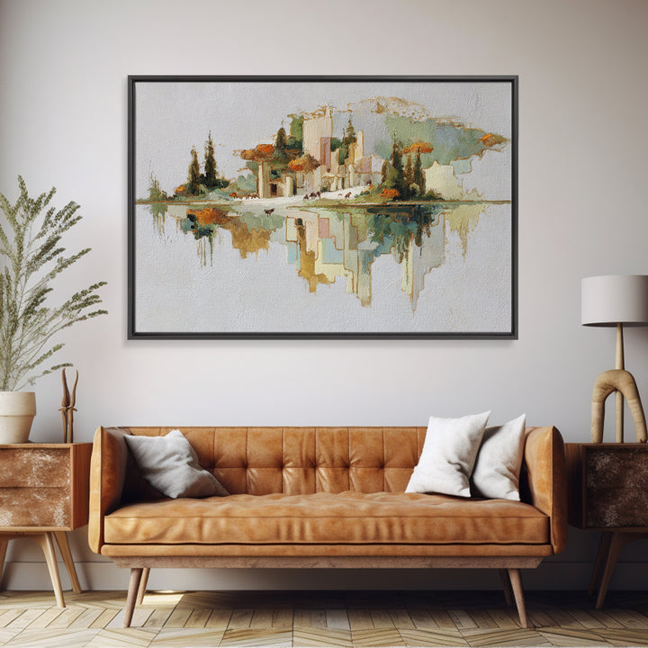 Floating Island with Waterfalls and Ancient Ruins Framed Canvas Print, Fantasy Art, Living Room Decor, Abstract Art, Mythic, FAN-3x2-7