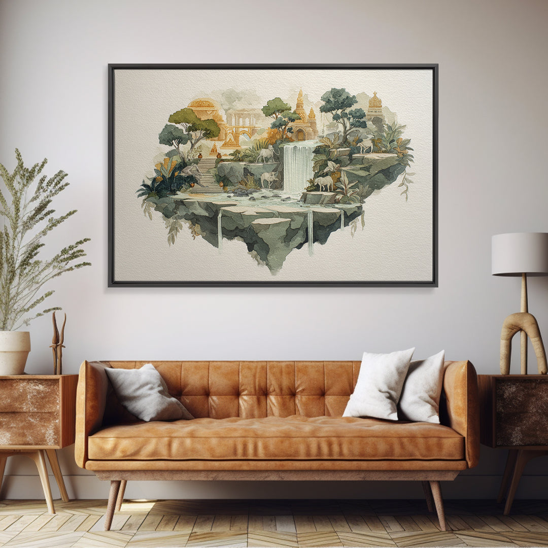 Floating Island with Waterfalls and Ancient Ruins Canvas Print, Fantasy Art, Fantasy Art Print, Living Room Decor, Mythic, FAN-3x2-79