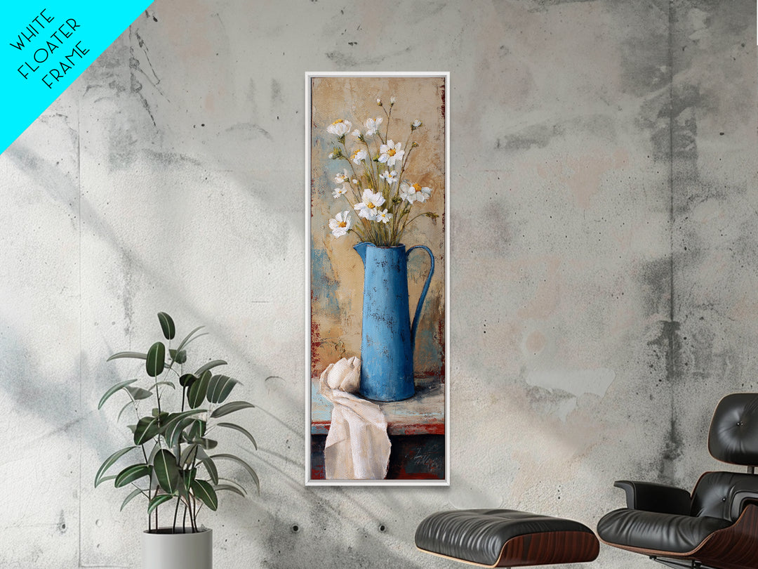 Blue Enamel Pitcher Canvas Print, Farmhouse Art, Sage Green Wall Art, Farmhouse Decor, Oil Painting, Harvest, Gallery Decor, FAR-1x3-100