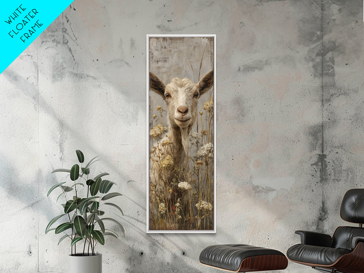 Goat Portrait with Playful Expression Framed Canvas Print, Farmhouse Art, Landscape Painting, Farmhouse Decor, Oil Painting, FAR-1x3-30